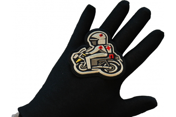 EMT Biker on Motorcycle Patch, Motorcycle Patches shown on hand for size comparison