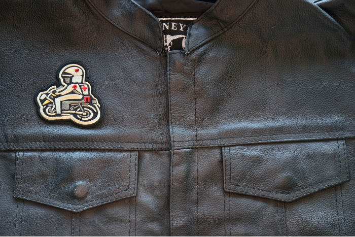 EMT Biker on Motorcycle Patch, Motorcycle Patches shown on leather vest