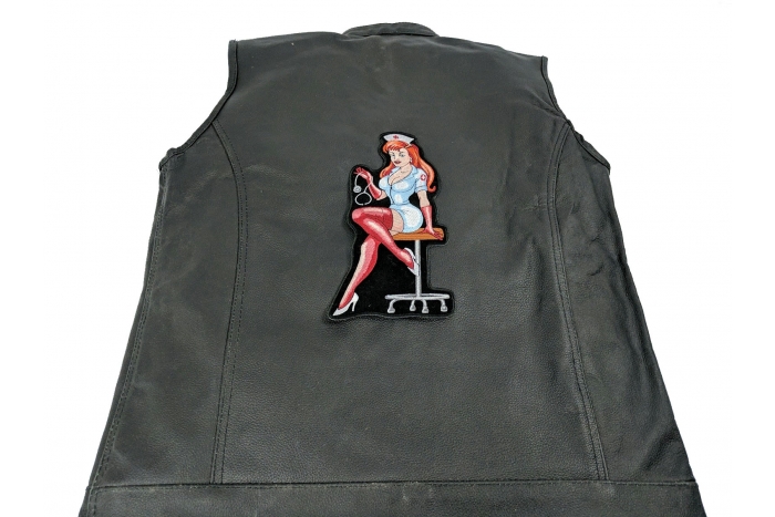 Sexy Nurse On Stool Large Back Patch - Iron on Patch - 4.75x10 inch shown on leather vest