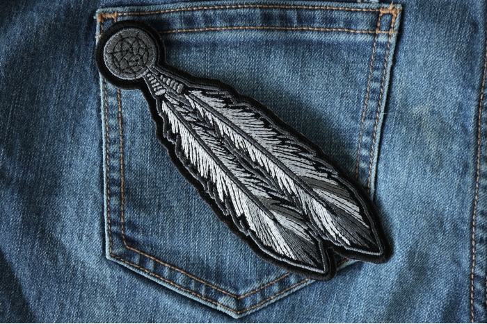Dreamcatcher Feather Patch: Black White shown on jeans