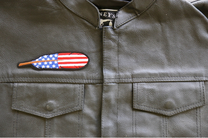 American Flag Feather Patch shown on leather vest