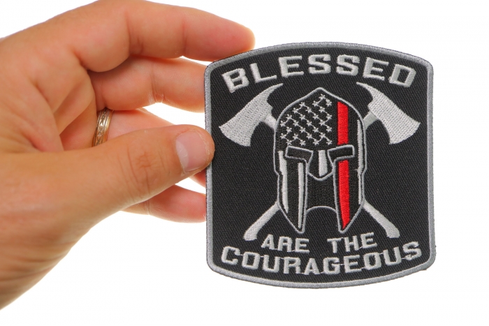 Blessed Are The Courageous Firefighter Patch shown on hand for size comparison