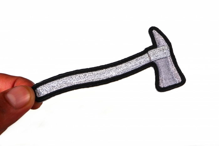 Firefighter Axe In Silver Metallic Iron on Patch shown on hand for size comparison