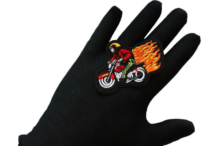 Firefighter Biker Patch, Motorcycle Patches shown on hand for size comparison