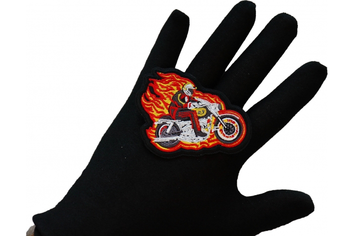 Flaming Firefighter on Motorcycle Patch, Motorcycle Patches shown on hand for size comparison