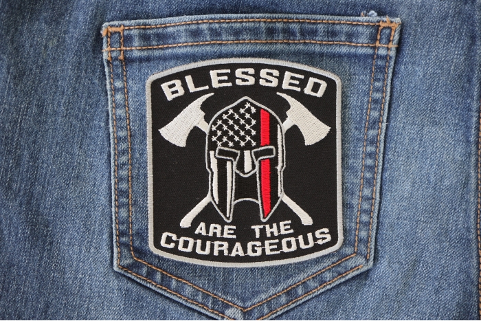 Blessed Are The Courageous Firefighter Patch shown on jeans