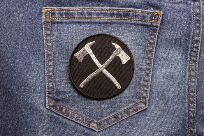 Crossed Firefighter Axes In Silver Patch shown on jeans