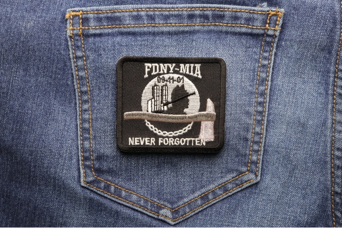 FDNY MIA Never Forgotten Iron on Patch shown on jeans