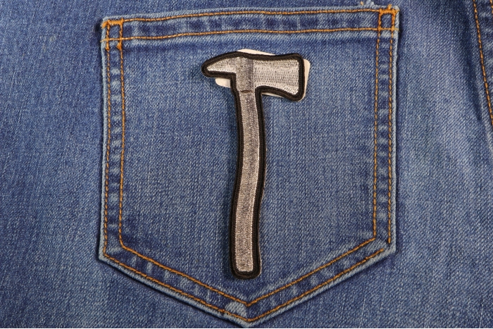 Firefighter Axe In Silver Metallic Iron on Patch shown on jeans
