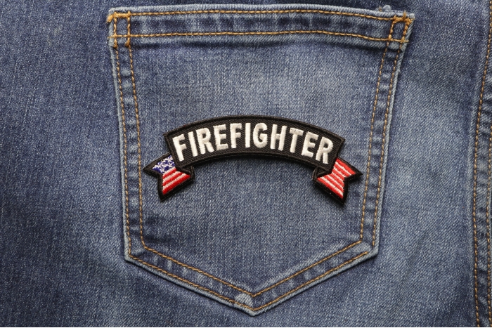 Firefighter US Flag Small Rocker Patch shown on jeans