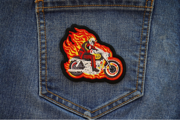 Flaming Firefighter on Motorcycle Patch shown on jeans