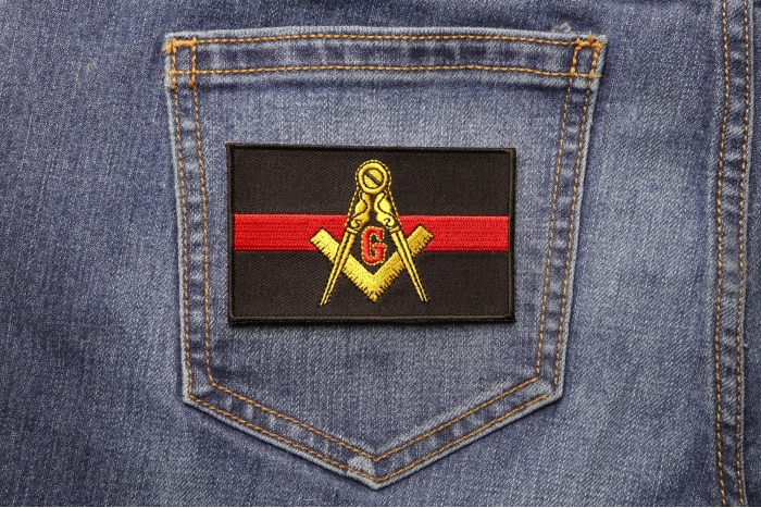 Masonic Thin Red Line For Fire Fighters Iron on Patch shown on jeans