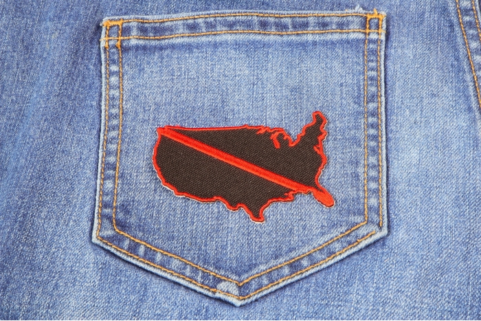 Red Line US Map Firefighters Patch shown on jeans