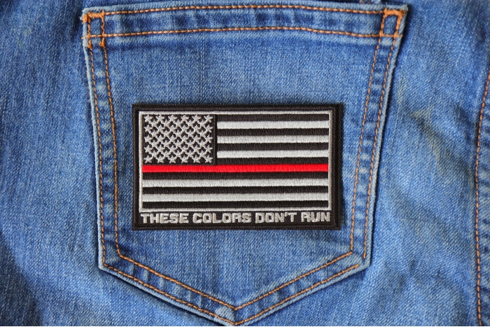 Red Stripe American Flag Patch - These Colors Don't Run shown on jeans