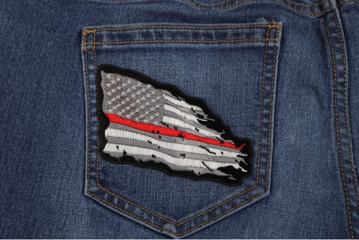 Thin Red Line American Tattered Flag Patch shown on jeans