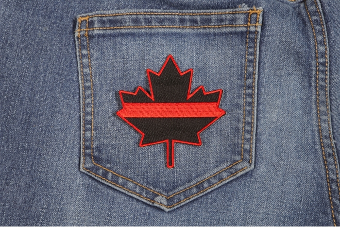 Thin Red Line Canadian Maple Leaf Patch shown on jeans
