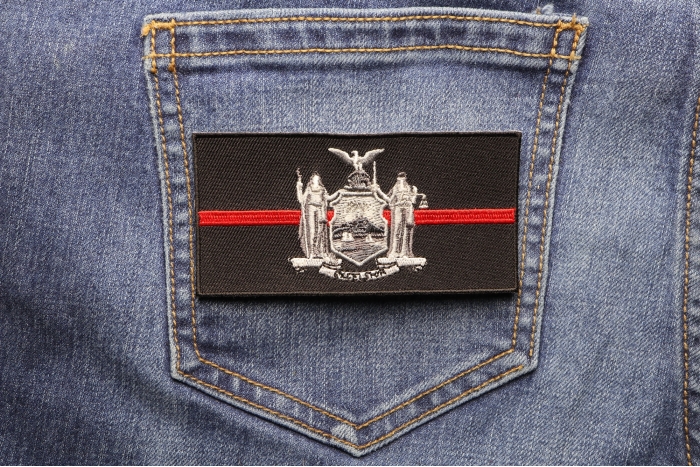 Thin Red Line New York State Flag Patch For Firefighters shown on jeans