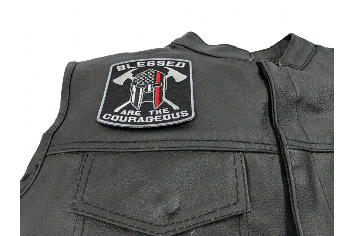 Blessed Are The Courageous Patch - 3.5x3.75 inch. Embroidered Iron on Patch shown on leather vest