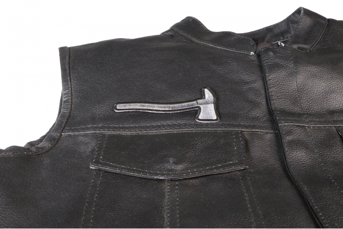 Axe In Silver Metallic Patch - 4x1.75 inch. Embroidered Iron on Patch shown on leather vest