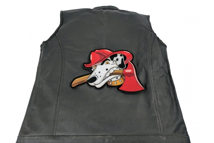 Fireman's Dog With Axe Large Back Patch - Iron on Patch - 10x8.65 inch shown on leather vest
