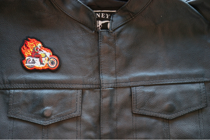 Flaming Firefighter on Motorcycle Patch, Motorcycle Patches shown on leather vest