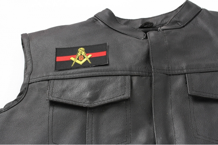 Masonic Thin Red Line Patch - 3.5x2.1 inch. Embroidered Iron on Patch shown on leather vest