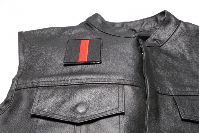 Red Line Patch - Iron on Patch - 2.5x2.5 inch shown on leather vest