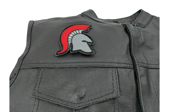 Spartan Helmet Red Mohawk Patch - Iron on Patch - 3x3.5 inch shown on leather vest