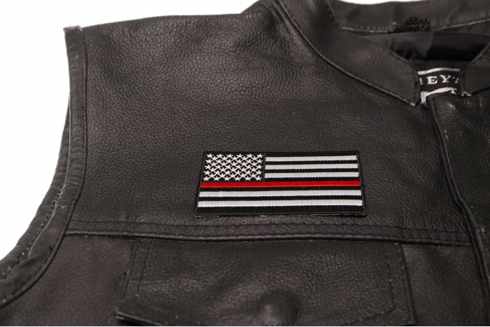 Subdued US Flag With Red Stripe Patch - 3.5x2 inch. Embroidered Iron on Patch shown on leather vest