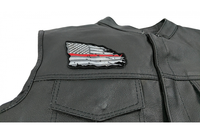 Thin Red Line American Tattered Flag Patch - 4x3 inch. Embroidered Iron on Patch shown on leather vest