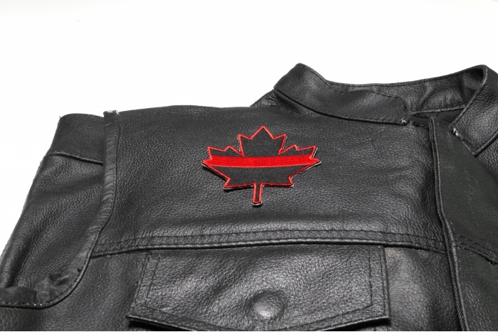 Thin Red Line Canadian Maple Leaf Patch - Iron on Patch - 3x3.2 inch shown on leather vest