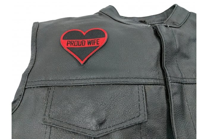 Thin Red Line Proud Wife Patch - 3x2.7 inch. Embroidered Iron on Patch shown on leather vest