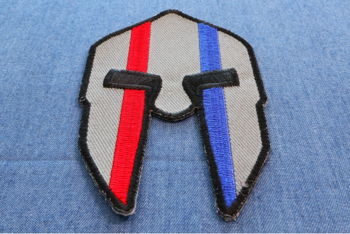 Spartan Helmet Red and Blue First Responder Iron on Patch diagonal view