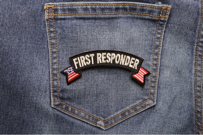 First Responder US Flag Small Rocker Patch shown on jeans