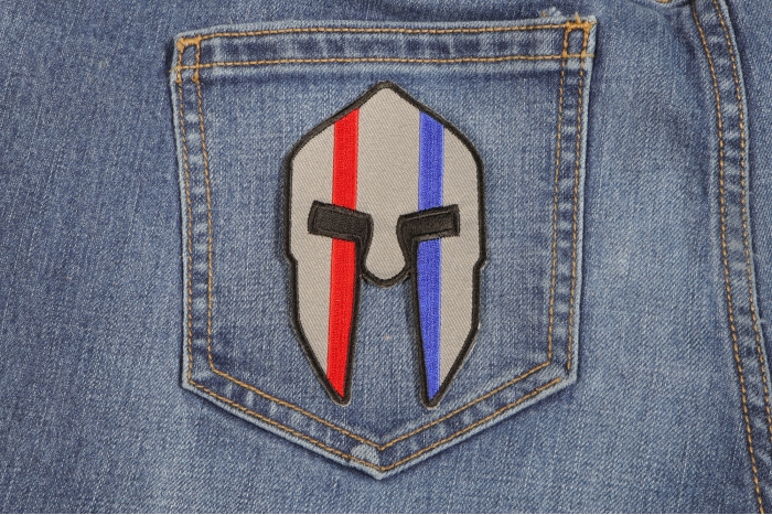 Spartan Helmet Red and Blue First Responder Iron on Patch shown on jeans