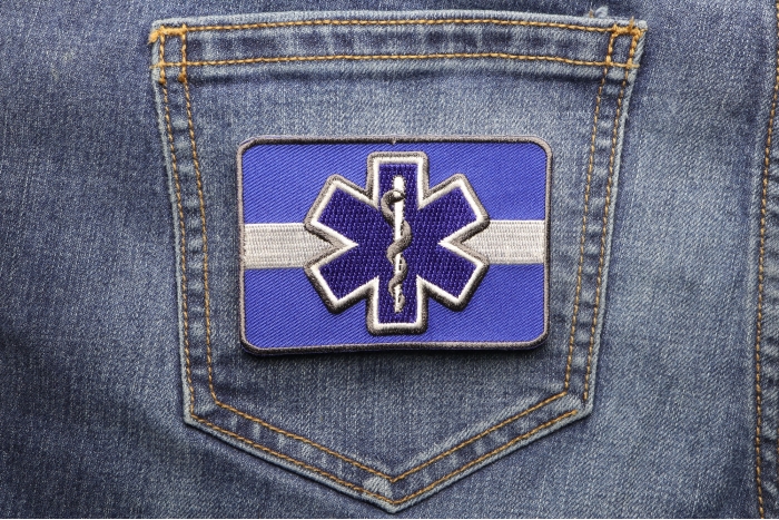 Thin White Line Blue Star Of Life Iron on Patch For EMS shown on jeans