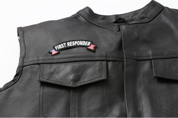 Responder US Flag Small Rocker Patch - 4x1.5 inch. Embroidered Iron on Patch shown on leather vest