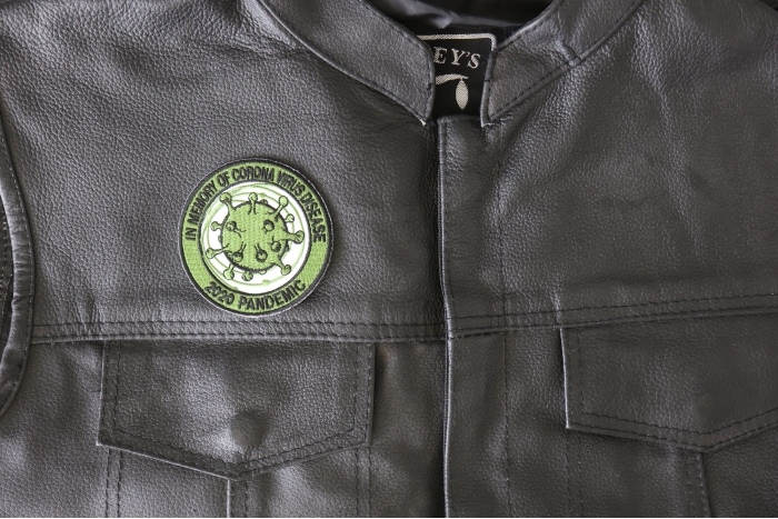 In memory - 3x3 inch - Embroidered Iron on Patch shown on leather vest