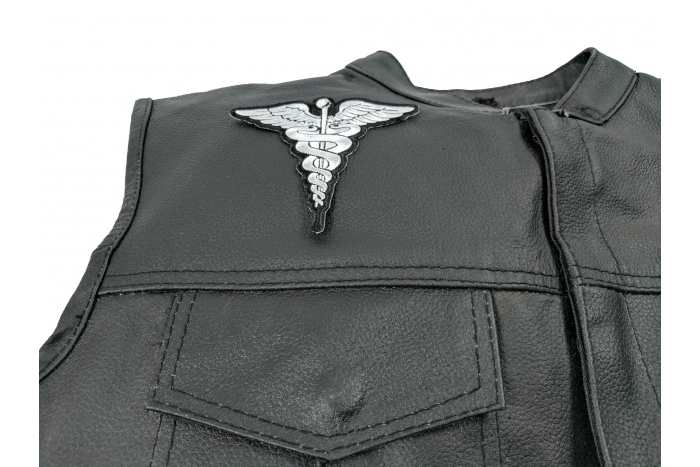 Medic Symbol Patch BW - 4x3.8 inch. Embroidered Iron on Patch shown on leather vest