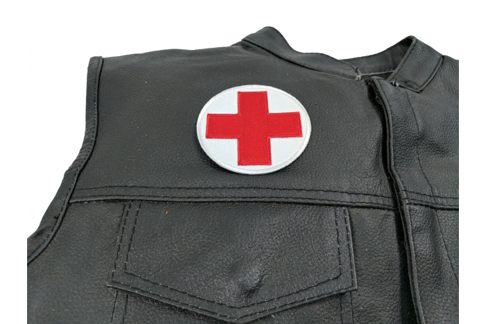 Red Cross Medic Patch - by Ivamis Trading - 3x3 inch - Embroidered Iron on Patch shown on leather vest