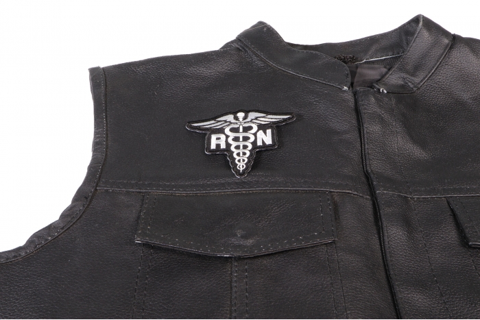 Registered Nurse RN Patch - 3.5x3.1 inch. Embroidered Iron on Patch shown on leather vest