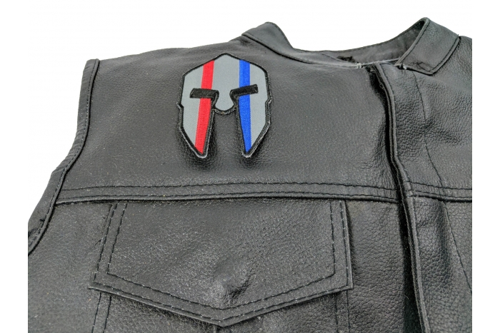 Spartan Helmet Red and Blue First Responder Patch - 2.5x4 inch. Embroidered Iron on Patch shown on leather vest