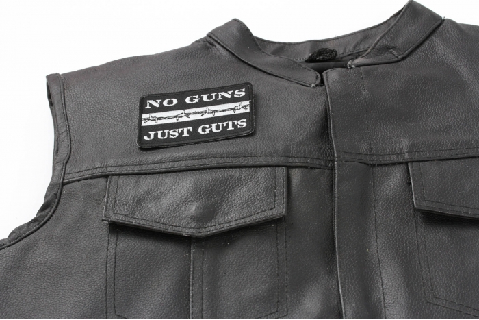 No Guns Just Guts Thin Silver Line Patch For Correctional Officers - 3.5x2.4 inch. Embroidered Iron on Patch shown on leather vest