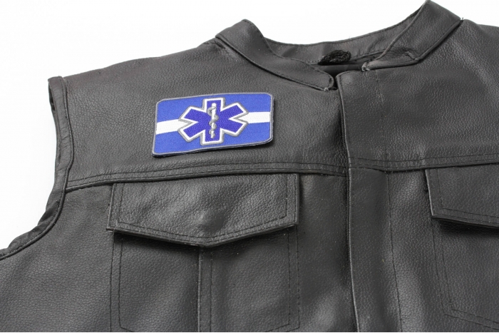 Thin White Line Blue Star Of Life Patch - 3.5x2.4 inch. Embroidered Iron on Patch shown on leather vest
