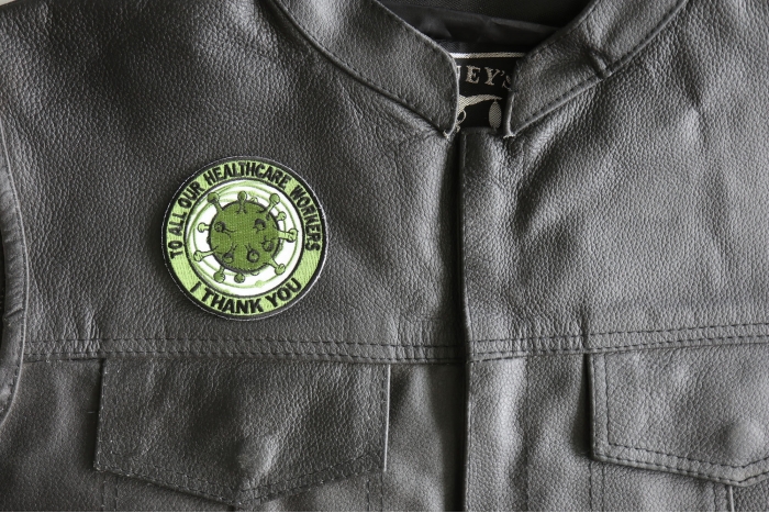 To All Healthcare Workers I thank you Covid 19 Pandemic 2020 Patch - 3x3 inch - Embroidered Iron on Patch shown on leather vest
