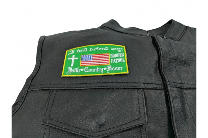 I Will Defend My Faith Country Honor Patrol Patch In Green - 4x2.6 inch Embroidered Iron on Patch shown on leather vest