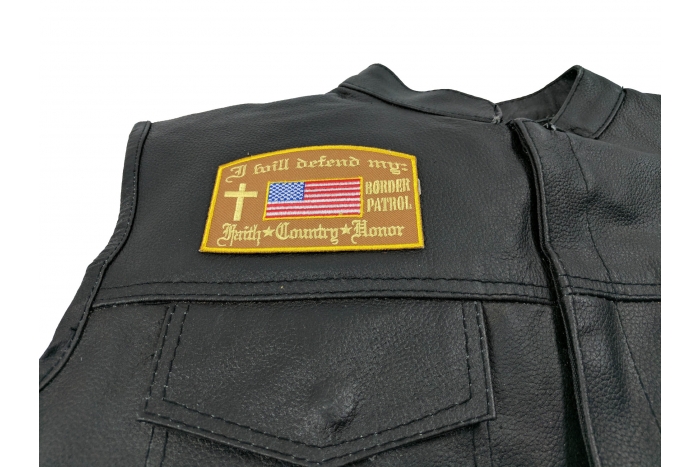 I Will Defend My Faith Country Honor Patrol In Brown Patch - 4x2.6 inch Embroidered Iron on Patch shown on leather vest
