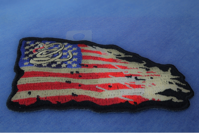 Don't Tread on Me Tattered US Flag Patch diagonal view