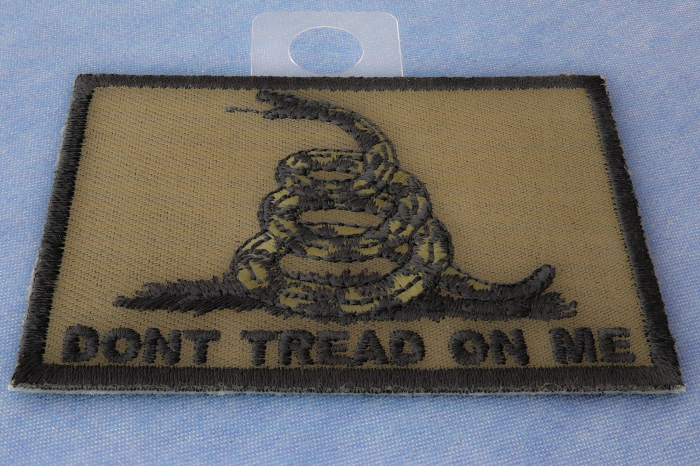 Don't Tread On Me Gadsden Flag Black Over Army Green Patch diagonal view