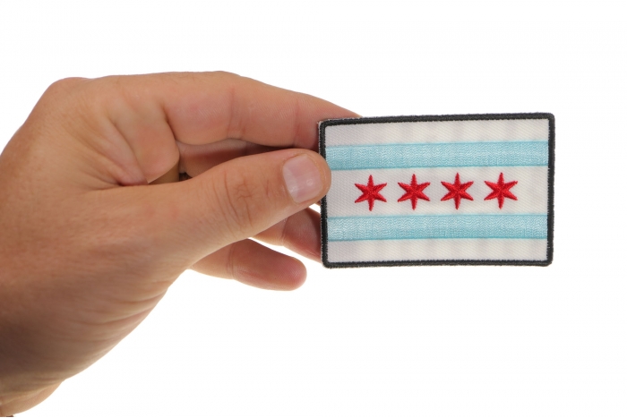 Chicago City Flag Patch shown on hand for size comparison
